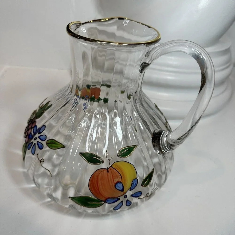 Crystal Clear Pitcher 8‎ Inch Ribbed Venetian Fruit 22K Gold Trim Romania 96 oz